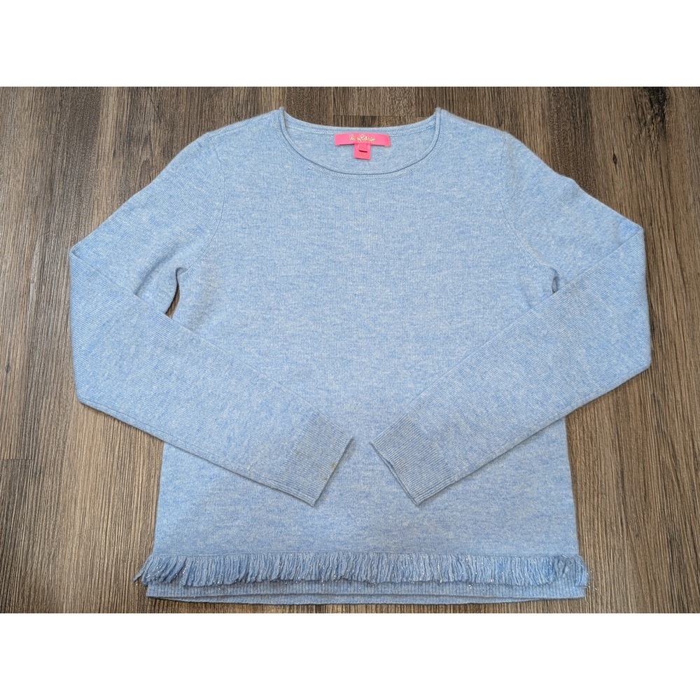 Lilly Pulitzer Vista Cashmere Fringe Hem Sweater Blue Knit‎ Pullover Top XS